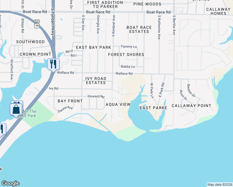 map of restaurants, bars, coffee shops, grocery stores, and more near 6214 Ivy Road in Panama City