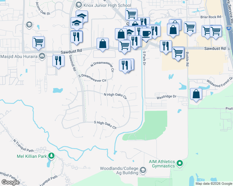 map of restaurants, bars, coffee shops, grocery stores, and more near 39 Country Forest Court in Spring
