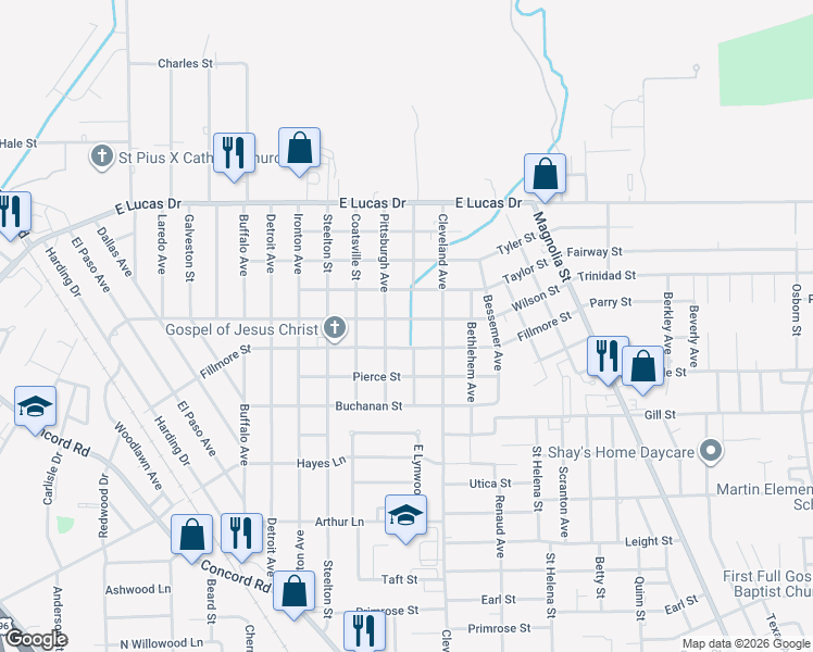 map of restaurants, bars, coffee shops, grocery stores, and more near 2365 Wilson St in Beaumont