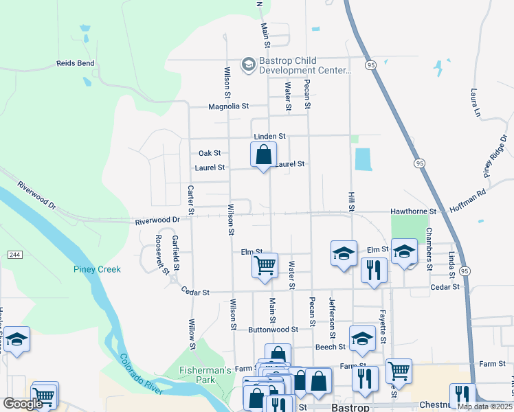 map of restaurants, bars, coffee shops, grocery stores, and more near 507 Hickory in Bastrop