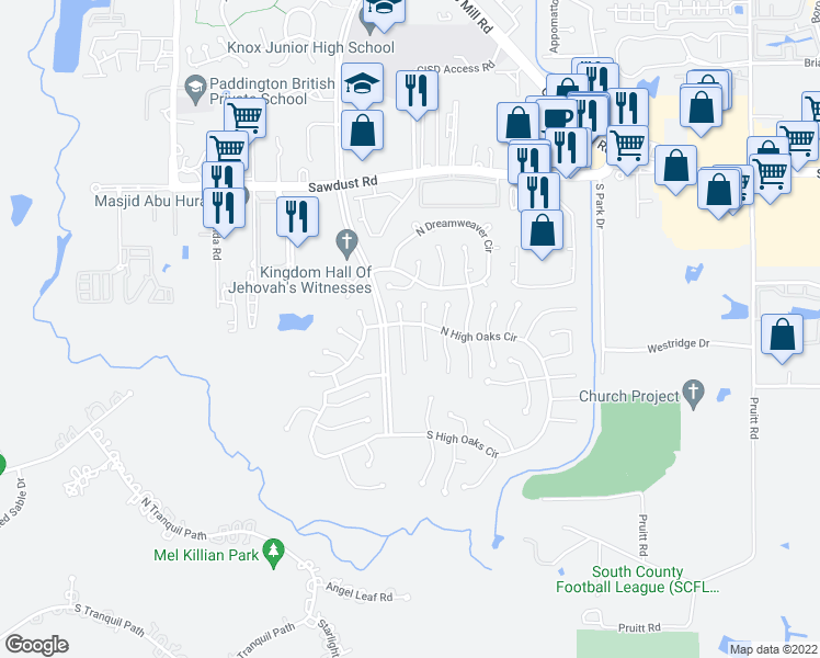 map of restaurants, bars, coffee shops, grocery stores, and more near 11 South White Pebble Court in Spring