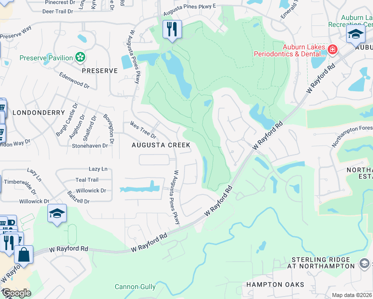 map of restaurants, bars, coffee shops, grocery stores, and more near 24906 Fort Augusta Drive in Spring