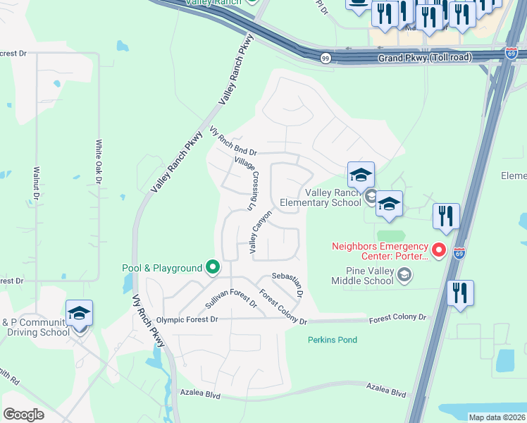 map of restaurants, bars, coffee shops, grocery stores, and more near 22510 Valley Canyon in Porter
