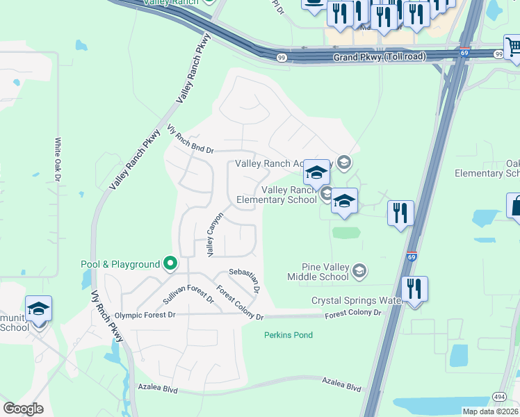 map of restaurants, bars, coffee shops, grocery stores, and more near 22461 Northfolk Valley Lane in Porter