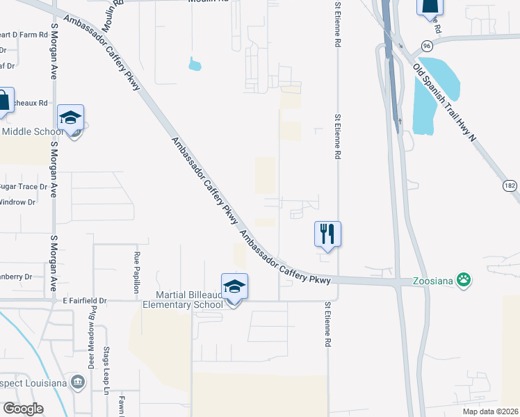 map of restaurants, bars, coffee shops, grocery stores, and more near 313 Hardware Road in Broussard