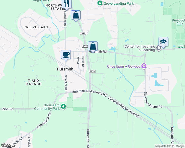 map of restaurants, bars, coffee shops, grocery stores, and more near 30685 Farm to Market Road 2978 in Tomball