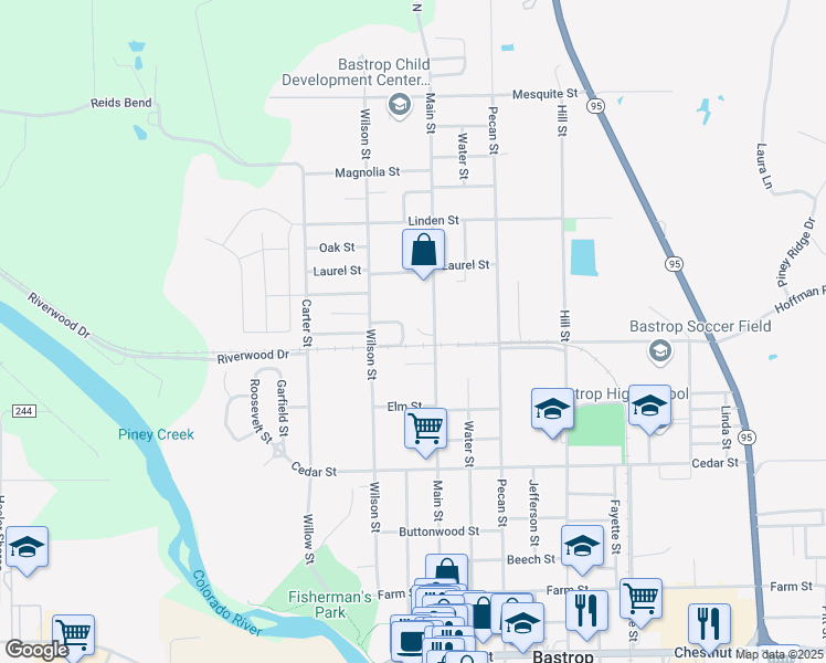 map of restaurants, bars, coffee shops, grocery stores, and more near 507 Hickory in Bastrop