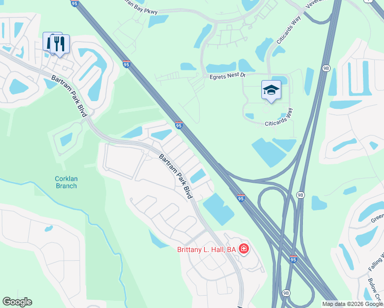 map of restaurants, bars, coffee shops, grocery stores, and more near 7043 Buroak Court in Jacksonville