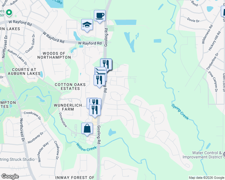 map of restaurants, bars, coffee shops, grocery stores, and more near 24546 North Denham Ridge Lane in Spring