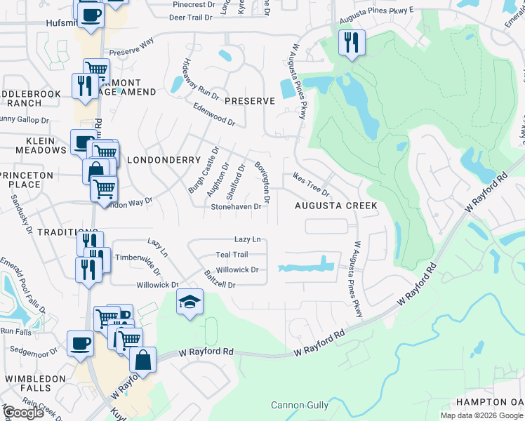 map of restaurants, bars, coffee shops, grocery stores, and more near 24919 Bovington Drive in Spring