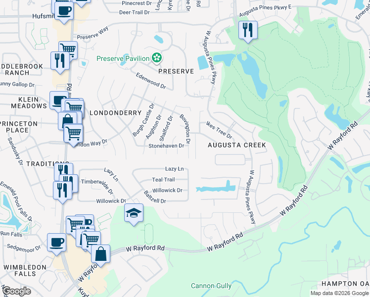 map of restaurants, bars, coffee shops, grocery stores, and more near 24919 Bovington Drive in Spring