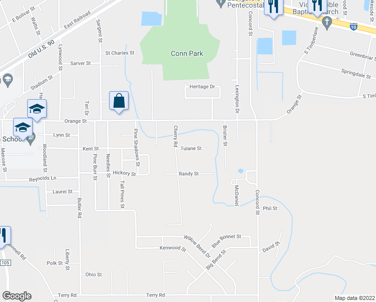 map of restaurants, bars, coffee shops, grocery stores, and more near 1330 Tulane Street in Vidor