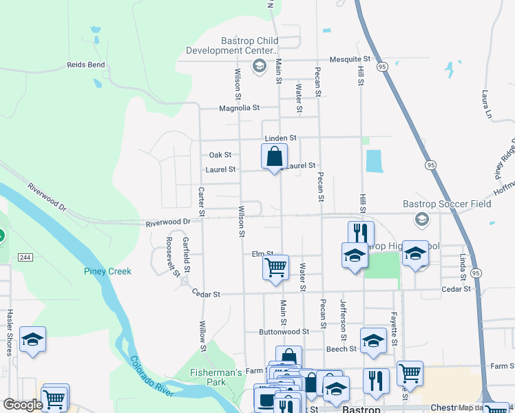 map of restaurants, bars, coffee shops, grocery stores, and more near 507 Hickory in Bastrop