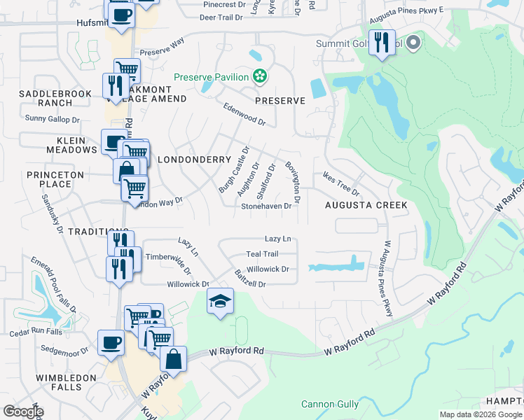 map of restaurants, bars, coffee shops, grocery stores, and more near 24919 Arbroath Court in Spring