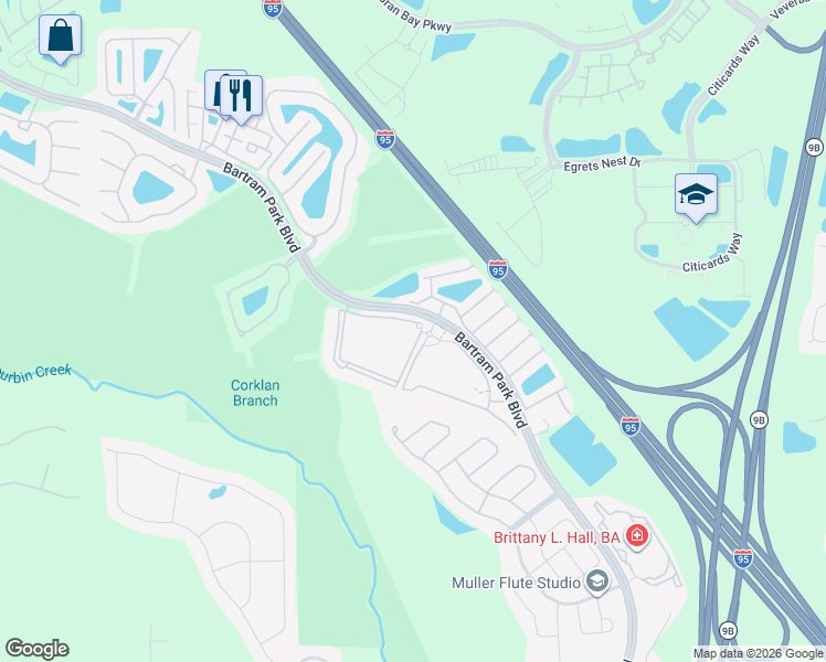 map of restaurants, bars, coffee shops, grocery stores, and more near 13990 Bartram Park Boulevard in Jacksonville