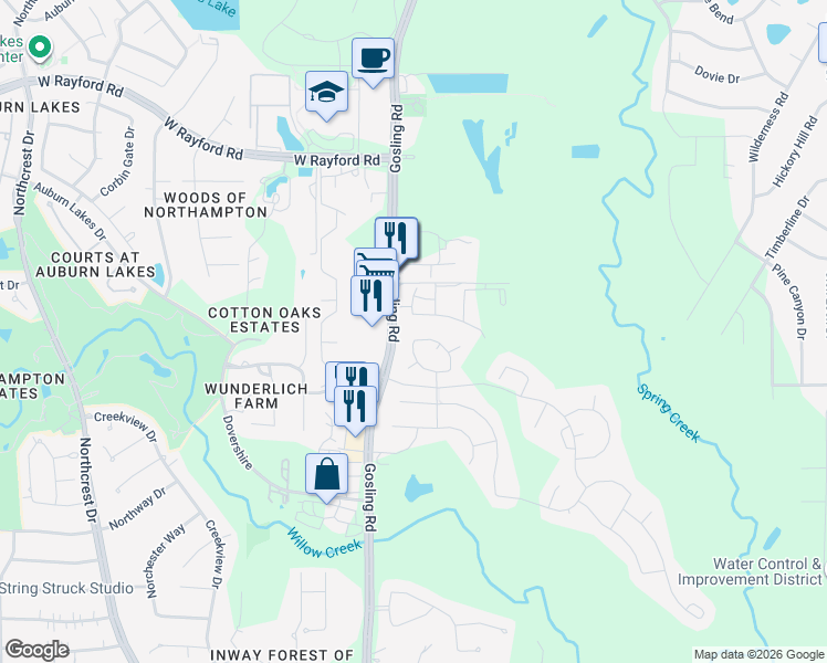 map of restaurants, bars, coffee shops, grocery stores, and more near 24546 North Denham Ridge Lane in Spring
