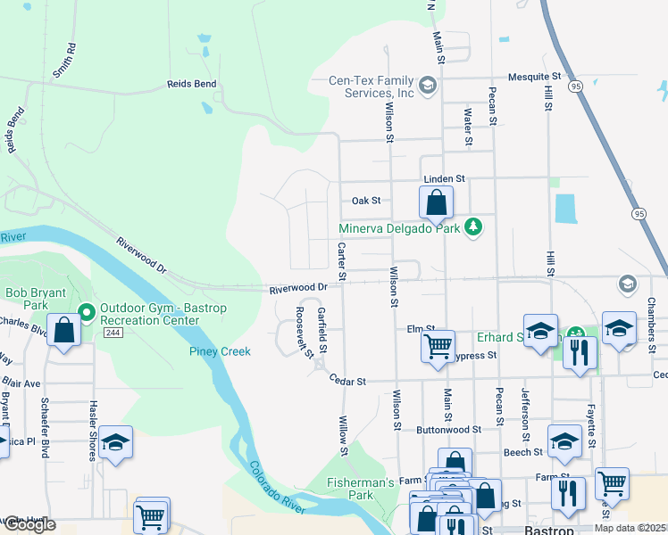 map of restaurants, bars, coffee shops, grocery stores, and more near 1713 Dragonfly Loop in Bastrop