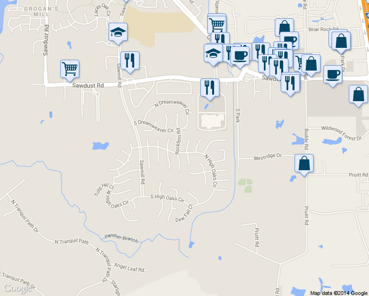 map of restaurants, bars, coffee shops, grocery stores, and more near 35 N Morningwood Ct in Spring