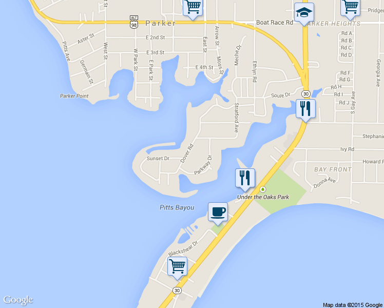 map of restaurants, bars, coffee shops, grocery stores, and more near 1503 Dover Road in Panama City