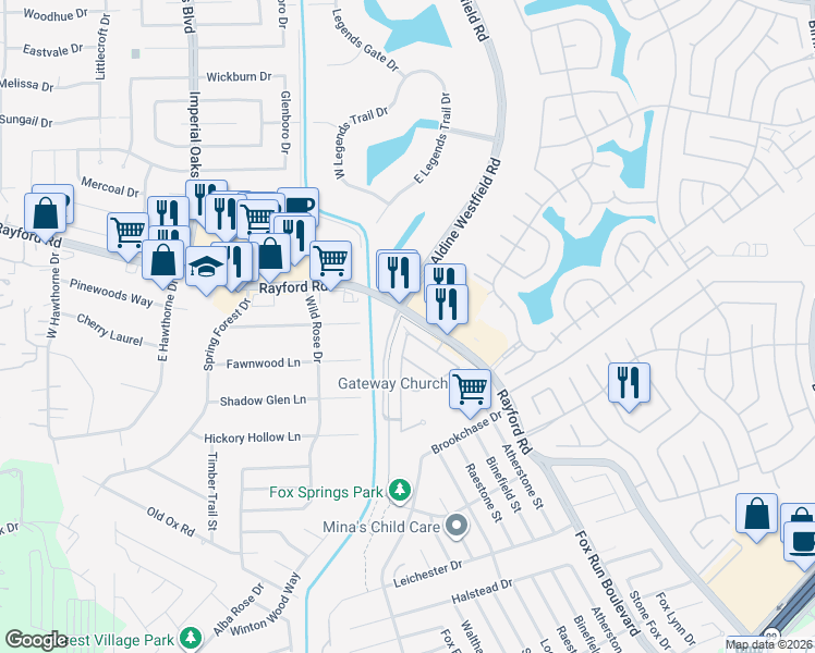 map of restaurants, bars, coffee shops, grocery stores, and more near 29834 Sparkling Creek Drive in Spring