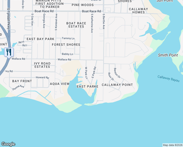 map of restaurants, bars, coffee shops, grocery stores, and more near 1410 East Park Road in Panama City