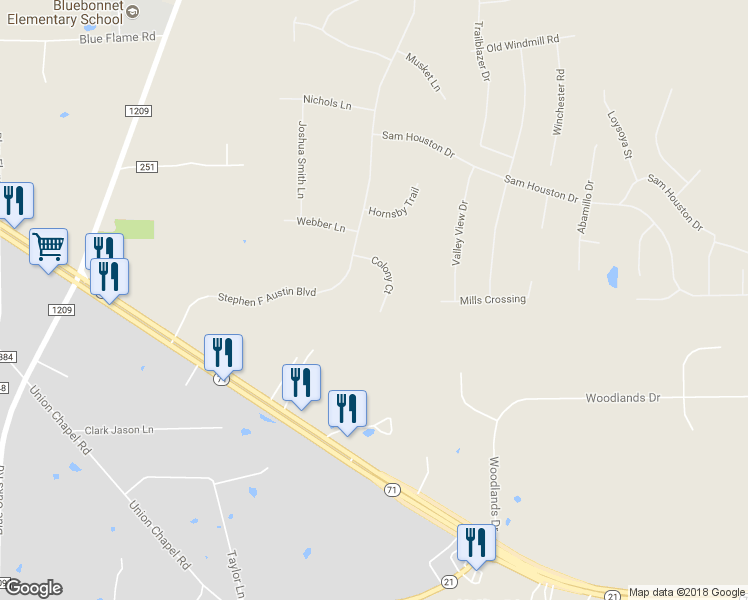 map of restaurants, bars, coffee shops, grocery stores, and more near 137 Colony Court in Bastrop