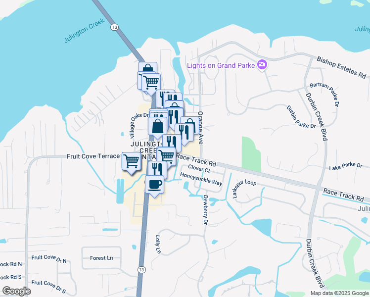 map of restaurants, bars, coffee shops, grocery stores, and more near 1627 Race Track Road in Fruit Cove