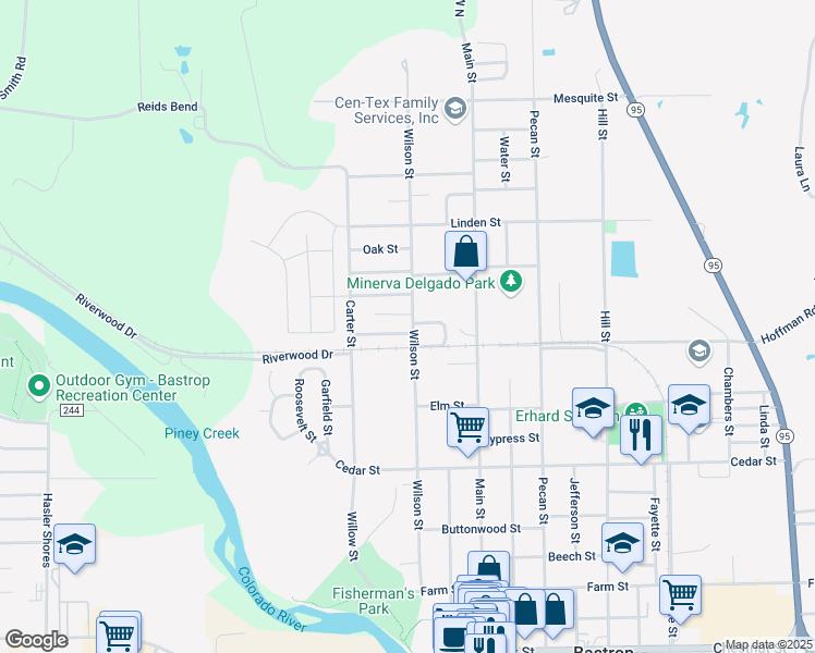 map of restaurants, bars, coffee shops, grocery stores, and more near 416 Persimmon Street in Bastrop