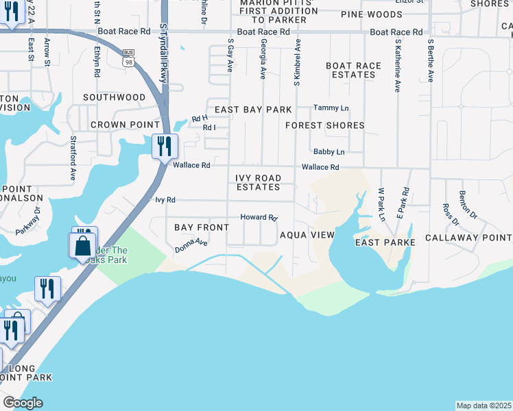 map of restaurants, bars, coffee shops, grocery stores, and more near 6010 Ivy Road in Panama City