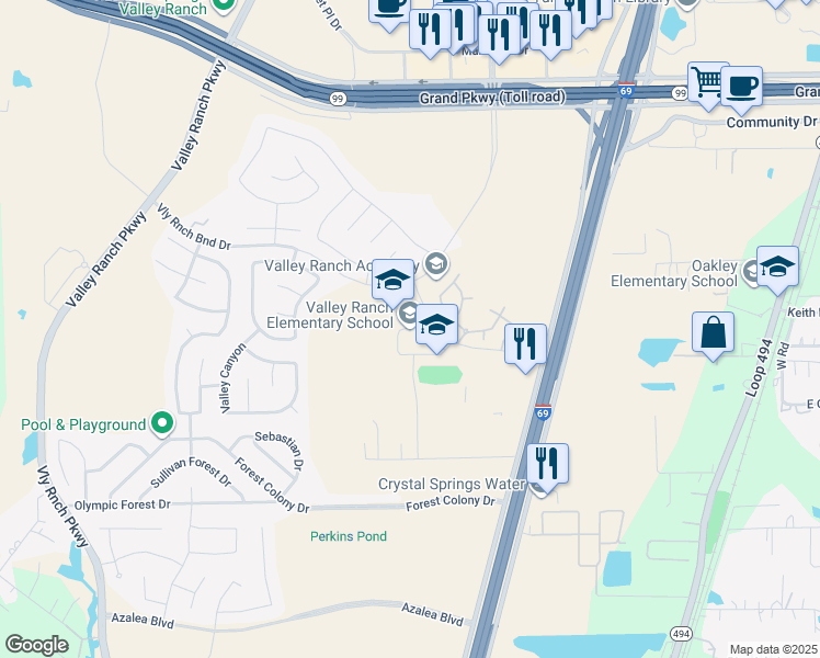 map of restaurants, bars, coffee shops, grocery stores, and more near 21700 Valley Ranch Crossing Drive in Porter