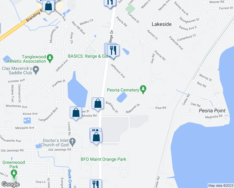 map of restaurants, bars, coffee shops, grocery stores, and more near 1721 Loch Leven Court in Orange Park