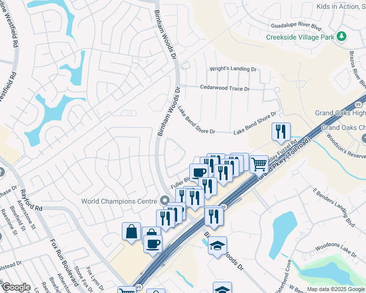 map of restaurants, bars, coffee shops, grocery stores, and more near 3543 Red Meadows Drive in Spring