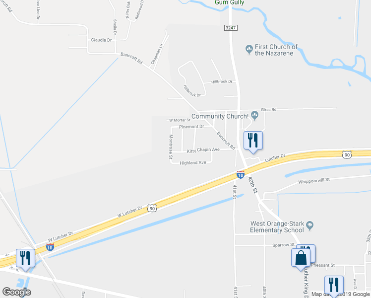 map of restaurants, bars, coffee shops, grocery stores, and more near 3302 Pineridge Street in Orange