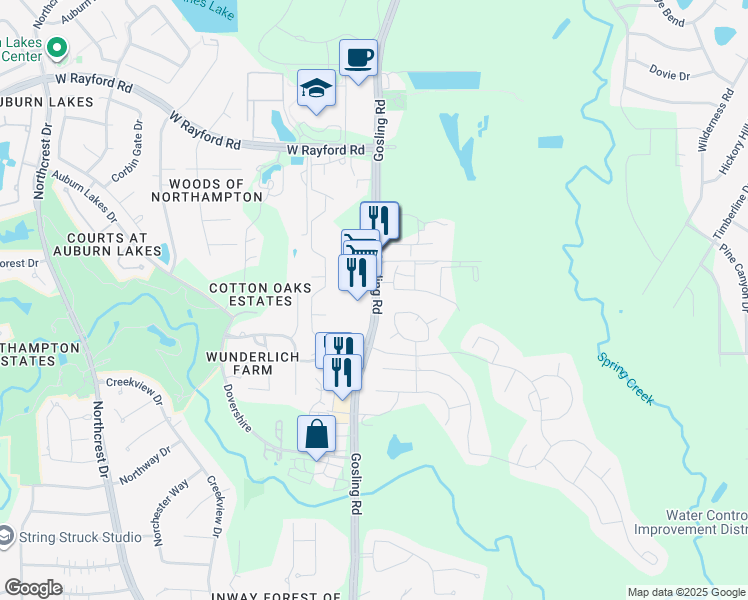 map of restaurants, bars, coffee shops, grocery stores, and more near 24533 Gosling Road in Spring
