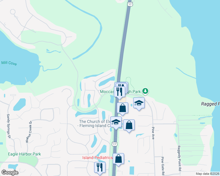 map of restaurants, bars, coffee shops, grocery stores, and more near 1519 Blue Heron Court in Fleming Island
