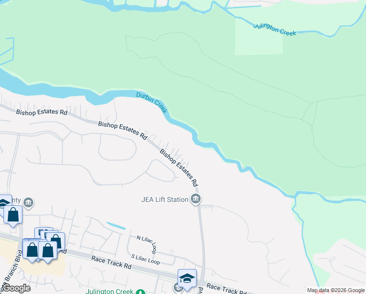 map of restaurants, bars, coffee shops, grocery stores, and more near 3225 Bishop Estates Road in Jacksonville