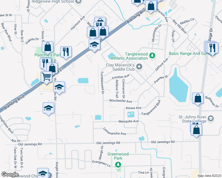 map of restaurants, bars, coffee shops, grocery stores, and more near 2804 Canyon Court in Orange Park
