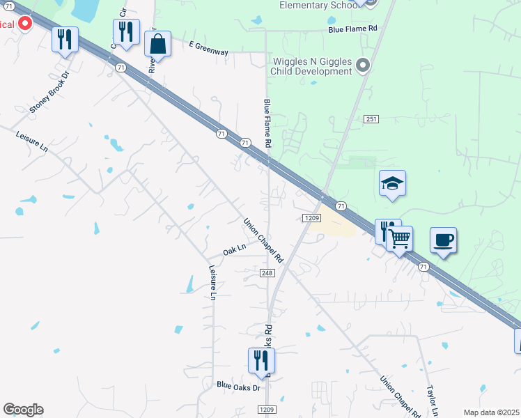 map of restaurants, bars, coffee shops, grocery stores, and more near 180 Blue Flame Road in Cedar Creek