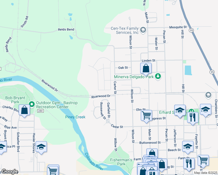 map of restaurants, bars, coffee shops, grocery stores, and more near 1713 Dragonfly Loop in Bastrop