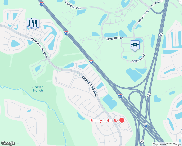 map of restaurants, bars, coffee shops, grocery stores, and more near 7008 Butterfield Court in Jacksonville