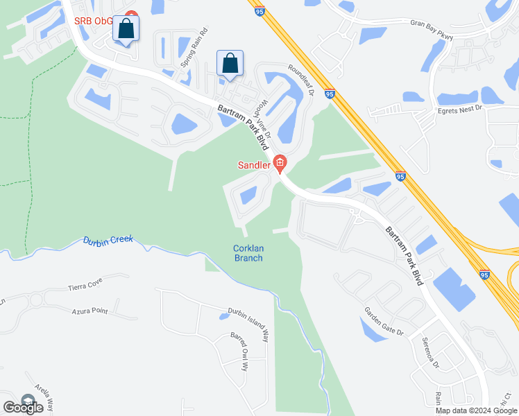 map of restaurants, bars, coffee shops, grocery stores, and more near 6589 Arching Branch Circle in Jacksonville