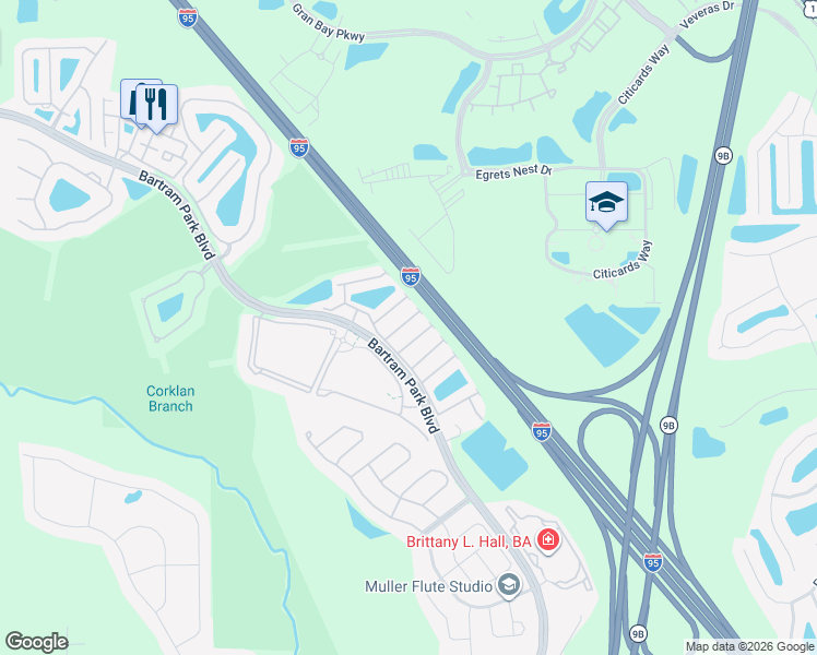 map of restaurants, bars, coffee shops, grocery stores, and more near 7008 Butterfield Court in Jacksonville