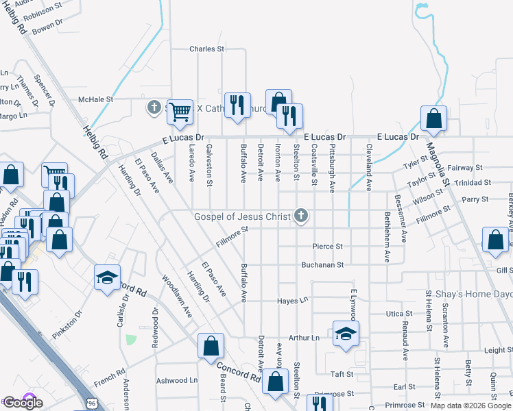 map of restaurants, bars, coffee shops, grocery stores, and more near 4515 Detroit Avenue in Beaumont