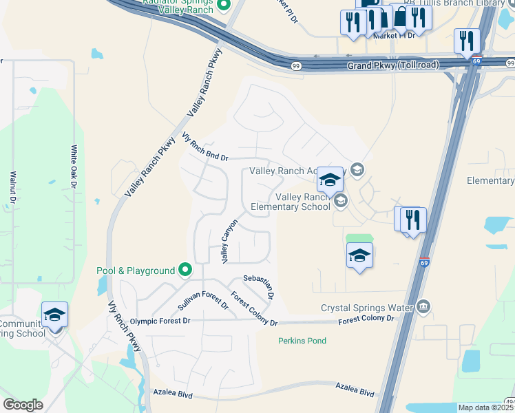 map of restaurants, bars, coffee shops, grocery stores, and more near 22493 Toronado Ridge Lane in Porter
