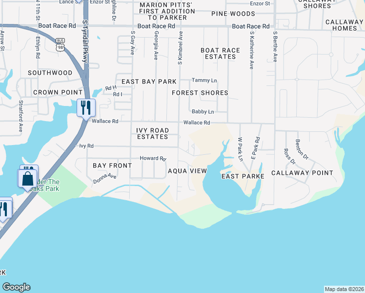 map of restaurants, bars, coffee shops, grocery stores, and more near 6214 Ivy Road in Panama City