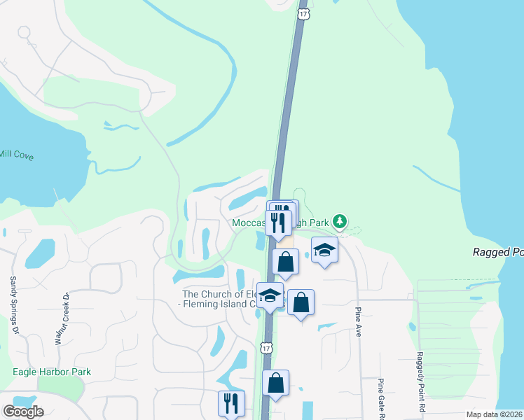 map of restaurants, bars, coffee shops, grocery stores, and more near 1511 Blue Heron Court in Orange Park