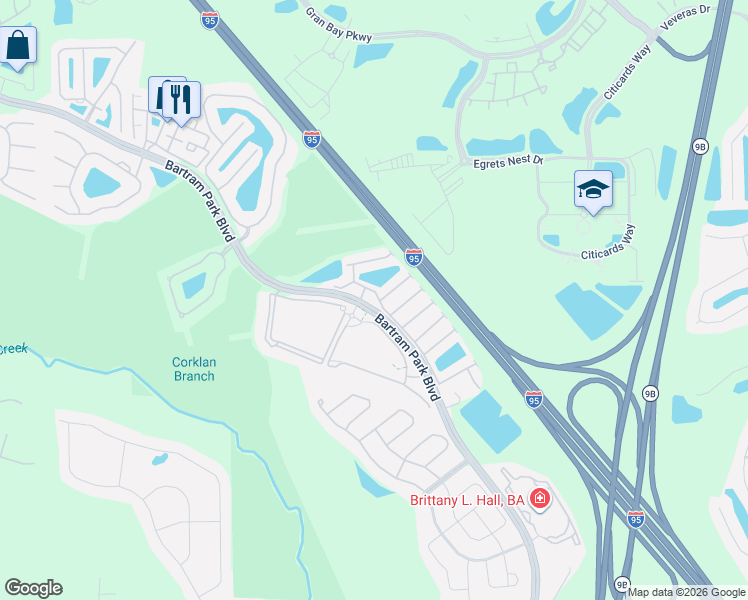 map of restaurants, bars, coffee shops, grocery stores, and more near 14010 Berryview Road in Jacksonville