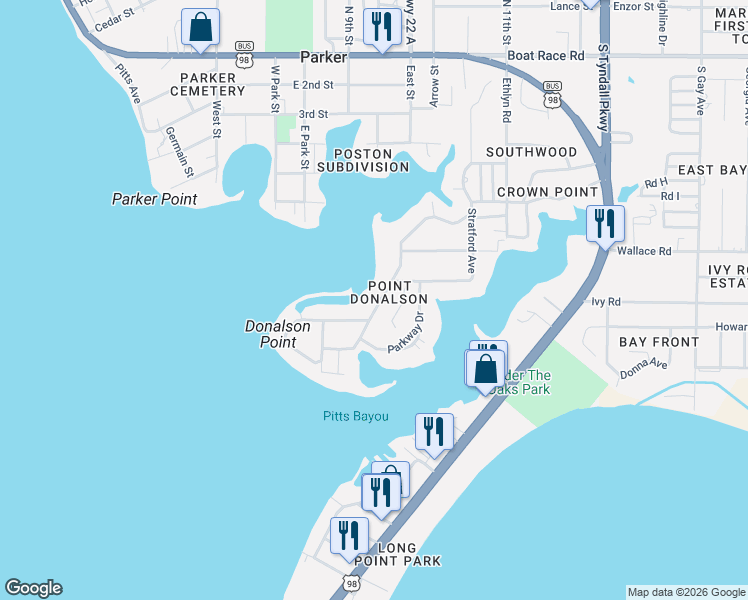 map of restaurants, bars, coffee shops, grocery stores, and more near 1503 Dover Road in Panama City