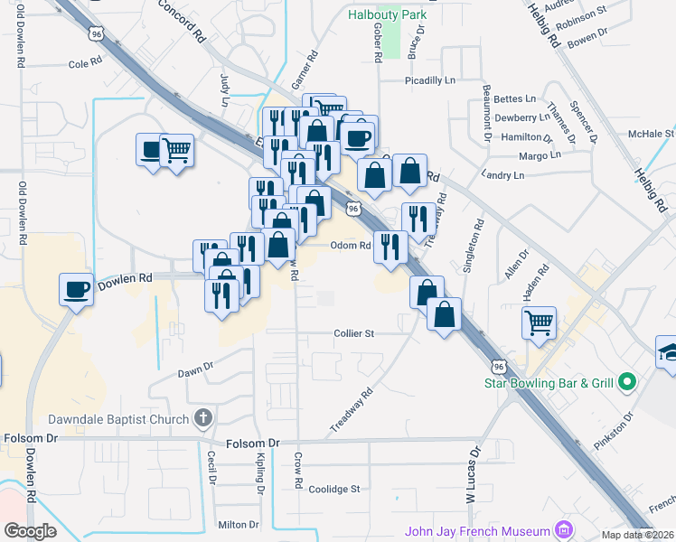 map of restaurants, bars, coffee shops, grocery stores, and more near 4757 Odom Road in Beaumont