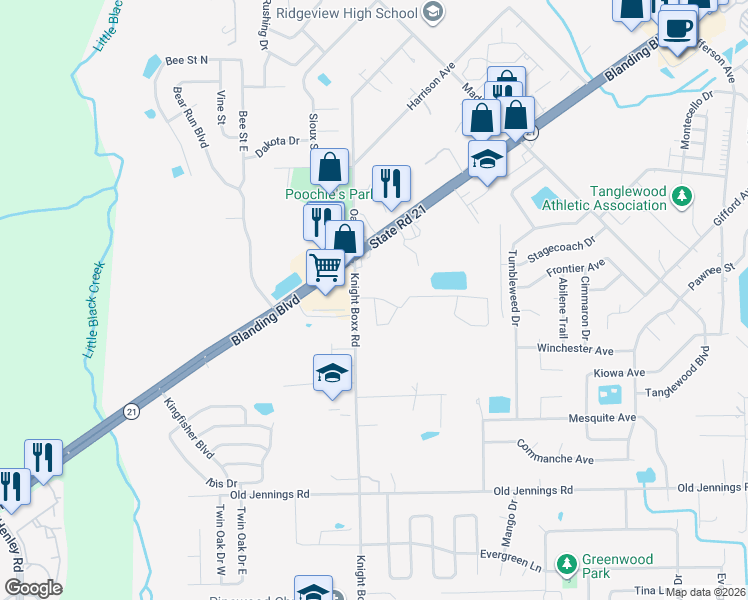 map of restaurants, bars, coffee shops, grocery stores, and more near 25 Knight Boxx Road in Orange Park